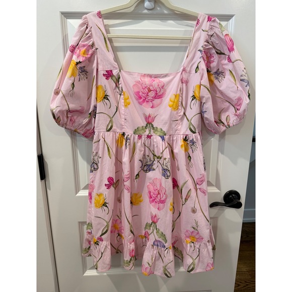 Beyond By Vera Dresses & Skirts - Beyond by Vera Pink Floral Cotton Puff Sleeve Mini Dress Square Neck Small